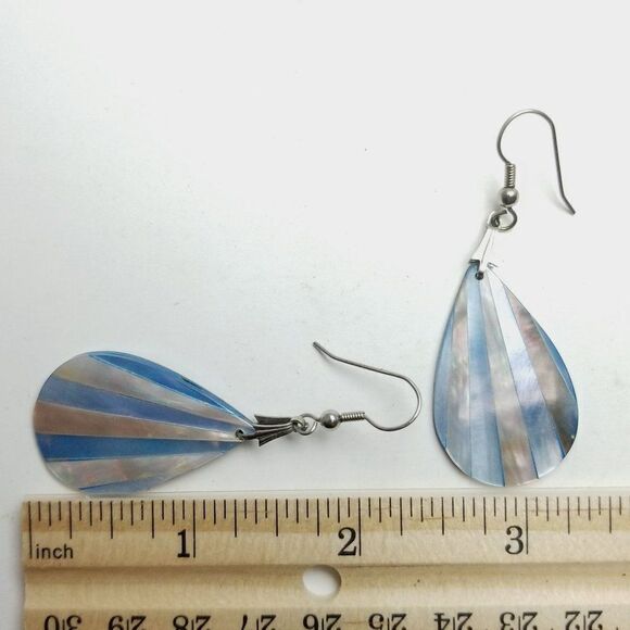 Vintage Blue Striped Radiant Drop Shape Dangle Earrings, Retro Shiny Estate - Picture 4 of 6